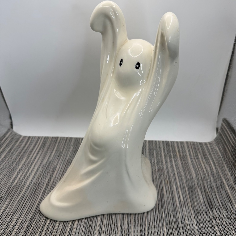 Vintage Ceramic Ghost Figurine White Glossy Halloween Decor 10.5 Inch SF Signed